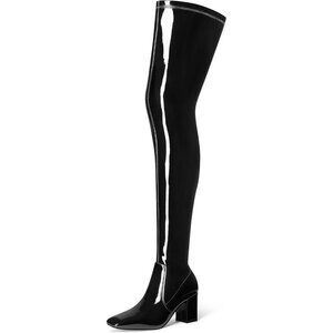 Women Black Over the Knee Square Toe Chunky Heel Patent Leather Long Boots